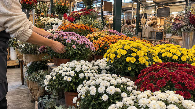 Une cliente choisit des chrysanthèmes en pot sur un étal de marché pour la Toussaint
