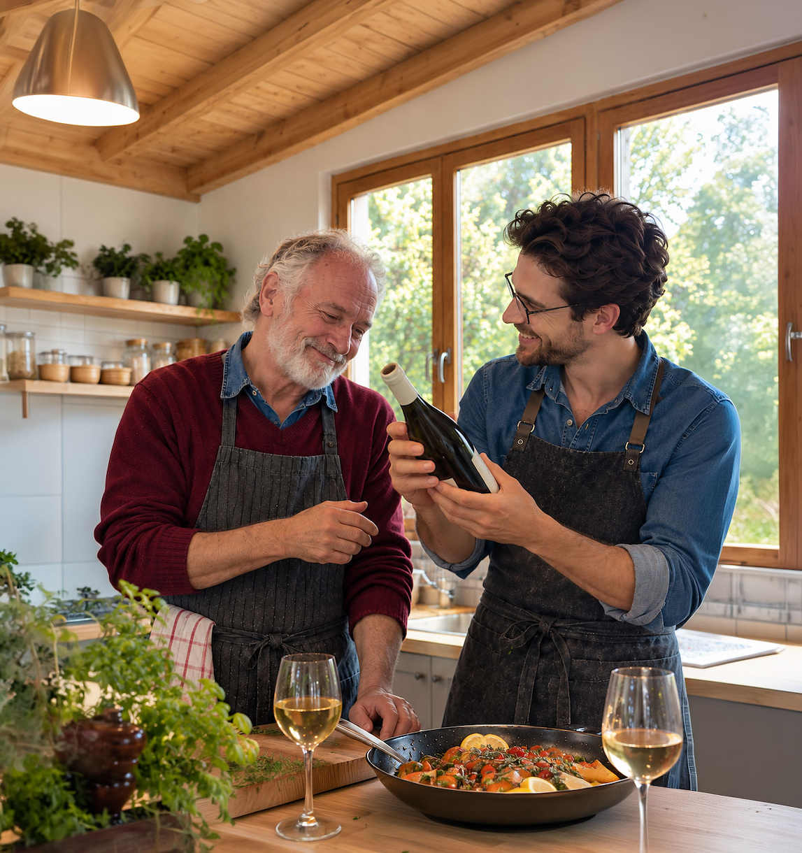 Arthur, caviste de Sens, tend deux bouteilles de vin au stand du marché de l'Olive, Paris 18ème